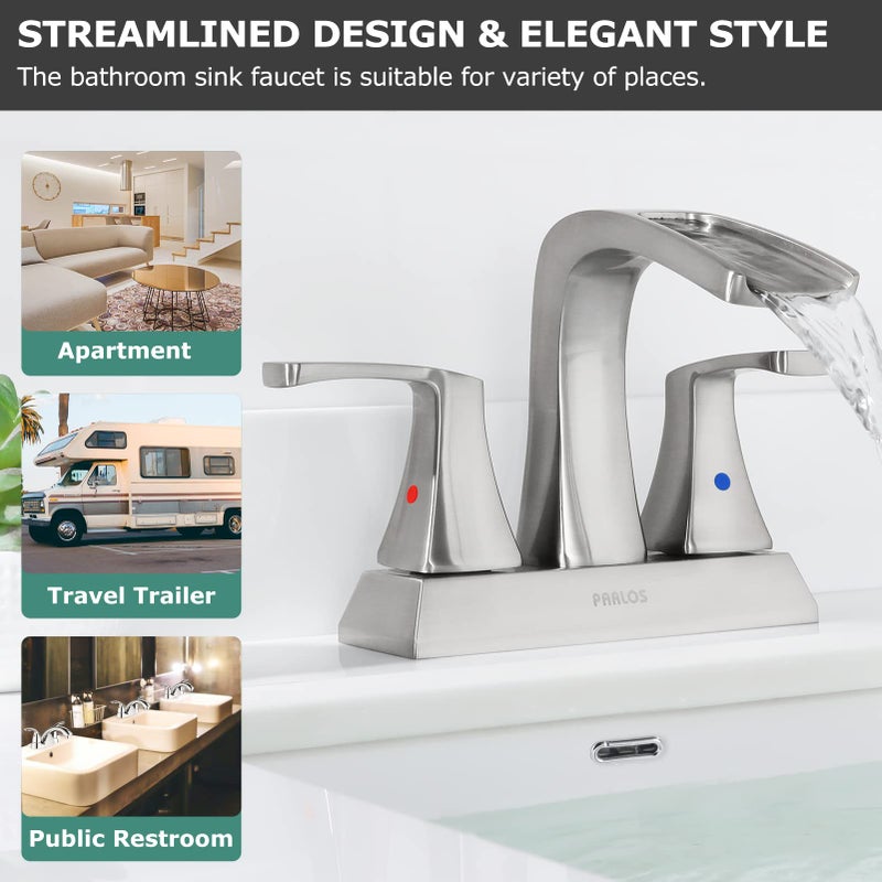 PARLOS 2 Handles Waterfall Bathroom Faucet with Pop-up Drain and Faucet Supply Lines, Brushed Nickel, Doris 14068 - Image 4